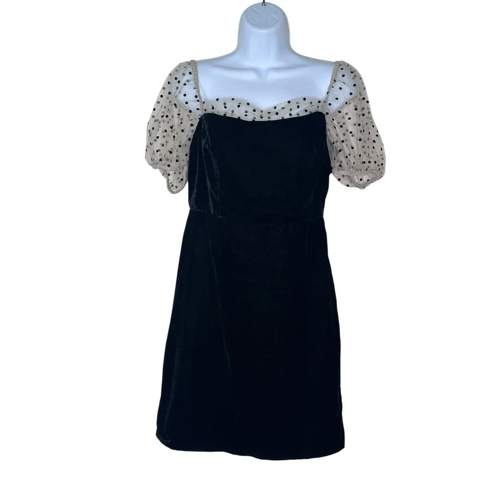 Camila Coelho Heirloom Velvet Tulle Puff Sleeve Flocked Dot Dress Black SMALL S - Picture 5 of 10
